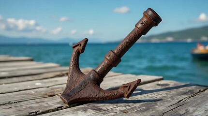 Fototapeta premium Old Rusty Anchor Resting on a Wooden Pier by the Tranquil Sea