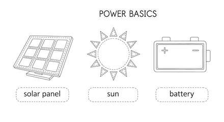 Illustration of solar panel, sun, and battery for power basics