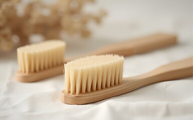 Eco-friendly bamboo toothbrush on linen cloth, soft bristles and natural texture, sustainable lifestyle, minimalist composition, warm neutral tones. High quality