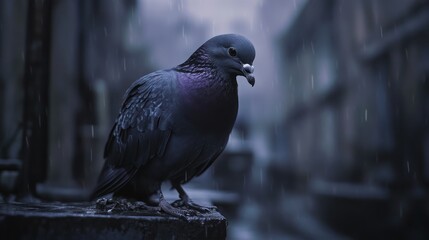 Fototapeta premium Rain, pigeon, city alley, moody, background blur, stock photo