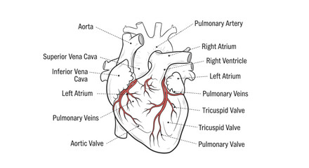 Vector art of detailed illustration of human heart anatomy with labels showing major parts