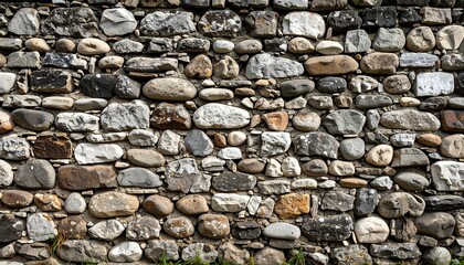 Fototapeta premium A detailed close-up view of a textured stone wall, showcasing a rich tapestry of varying shades and shapes of rocks, creating a captivating pattern.