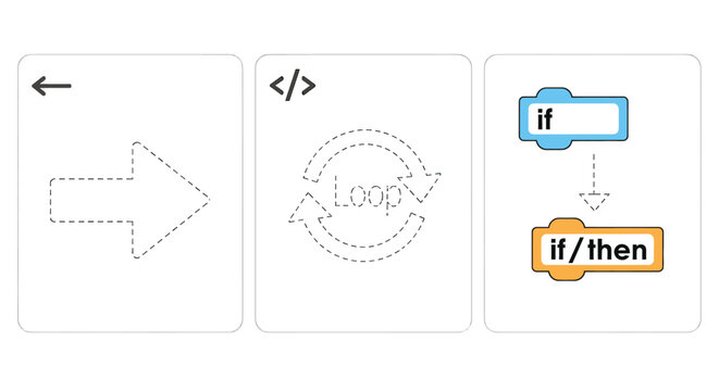 Vector art of coding blocks and symbols for teaching programming logic and algorithms to kids