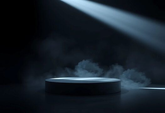  Dark minimalist podium with reflective floor, smoke clouds rolling across, cinematic sharp light beam.