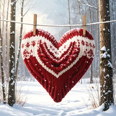 Knitted heart, red and white, hanging on clothesline, snowy winter scene