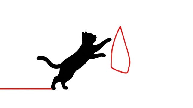 A playful and minimalist 2D flat animation featuring the silhouette of a black cat on a clean white background