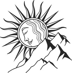 Cartoon drawing of a person's profile with hair made of sun and clouds