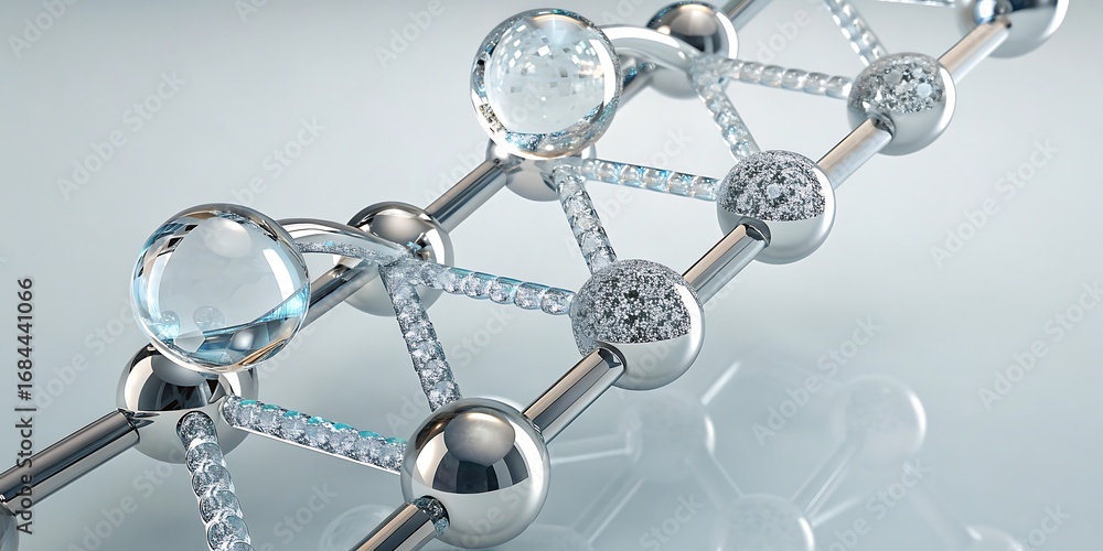 Poster abstract 3d render of a molecular structure with metallic spheres and shimmering water molecules.