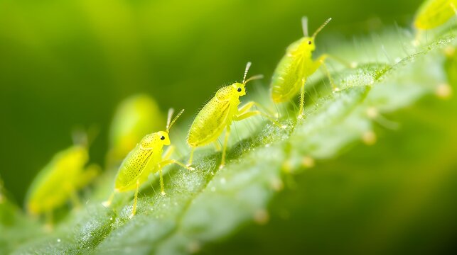 Tiny green aphids clustered on a fuzzy plant stem in macro detail