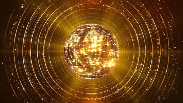 Golden disco ball reflecting sparkling lights rays round party atmosphere with bokeh effect 3D 4K Background animation. copy space. Dance party. mirror ball reflections, nightclub stage lights party