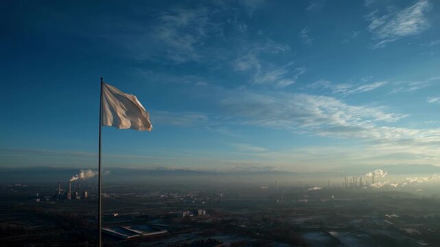 Crisp flag fluttering in soft sunlight with a hazy industrial zone in the distance representing discreet political enclaves within sprawling landscapes.