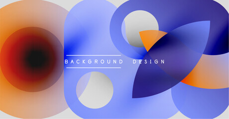 Abstract fluid shapes overlap, creating vibrant color gradients. Design features blue, orange, white tones. Modern aesthetic.