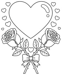 Rose vector illustration featuring two detailed blossoms with leaves ribbon and large heart surrounded by smaller hearts perfect for wedding invitations greeting cards romantic decoration