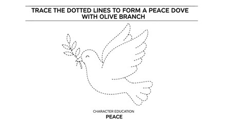 Vector art of trace the dotted lines to form a peace dove with olive branch for educational activity