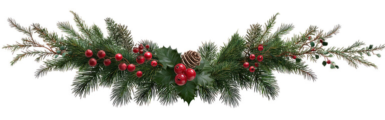 Festive swag of evergreen branches, red berries, and pine cone