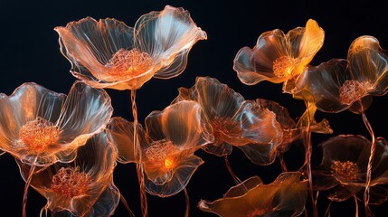 Abstract glowing flowers,  black background.  Possible use  digital art, botanical