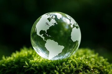 A transparent glass globe rests on a vibrant green mossy surface, showcasing the continents of the Earth amidst a natural, verdant backdrop, symbolizing environmental care and ecological preservation