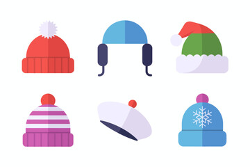 Winter hat vector collection, colorful knitted caps with festive details, warm cozy headwear illustrations, decorative seasonal clothing art, cheerful holiday accessories design