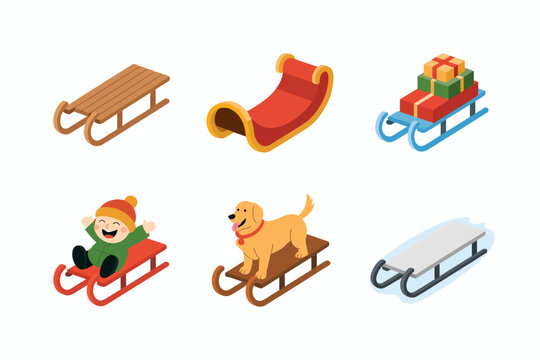 Christmas sleigh vector illustrations, festive winter sled design set, holiday season decoration graphics, cheerful seasonal art, bright celebration elements