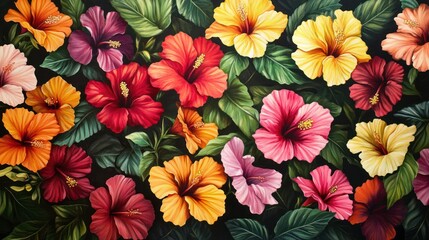 Vibrant hibiscus flowers, lush tropical foliage