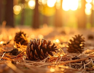 Pine cones on forest floor at sunset