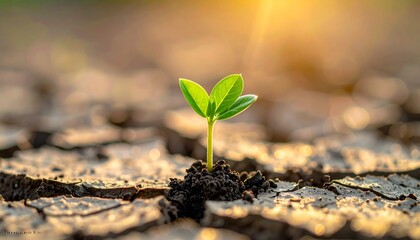 A small green seedling growing from cracked dry soil, symbol of hope and sustainability