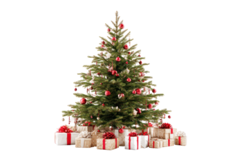 Decorated Christmas tree with red ornaments and wrapped gifts at the bottom against a plain background