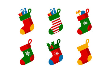 Decorative Christmas stocking vector set, festive holiday socks illustrations, cheerful seasonal design, bright celebration art, colorful winter decoration elements