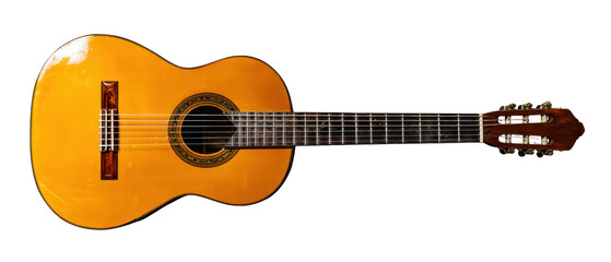 Warm-toned classical guitar against a transparent background, showcasing its strings, rosette, and wooden body