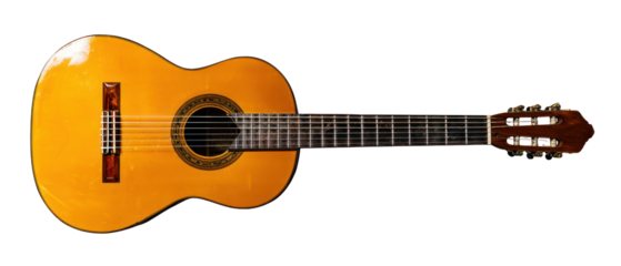 Warm-toned classical guitar against a transparent background, showcasing its strings, rosette, and wooden body