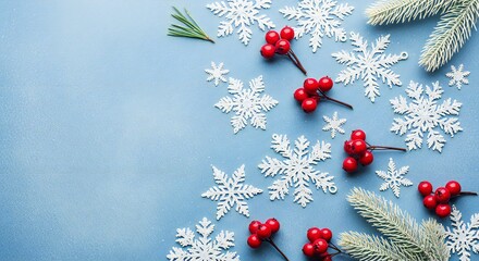 Festive winter scene with delicate white snowflakes and vibrant red berries scattered across a cool blue background, evoking holiday cheer and seasonal beauty.