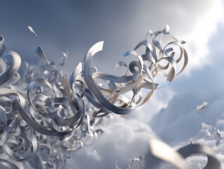 Floating glitch calligraphy hovering in metallic AI-coded dreamscape