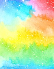 Abstract watercolor painting with rainbow colors and scattered white dots