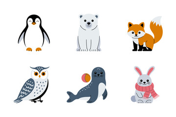 Assorted winter animal sticker collection, penguin polar bear fox owl seal rabbit, varied cute poses, seamless vector icons