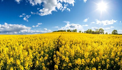 Fototapeta premium Panoramic view of a vibrant yellow rapeseed field under a vibrant blue sky with puffy white clouds and a bright sun