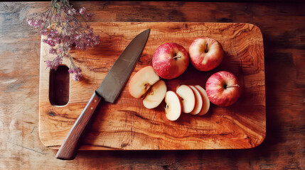 Chef preparing red apples on wooden cutting board with knife