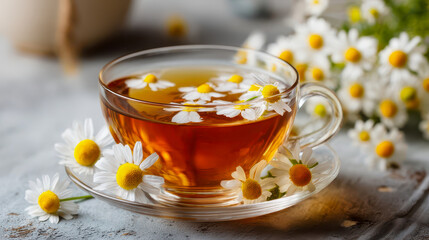Cup of chamomile tea with fresh chamomile flowers on wooden table
