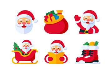 Santa Claus festive elements, Santa faces gift sack sleigh boots, colorful holiday icons, vector decorations for seasonal design