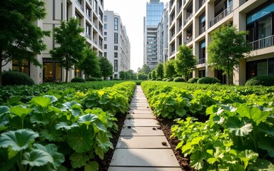 Lush urban garden featuring rows of vibrant vegetables and greenery, surrounded by modern buildings, showcasing sustainable city living and agriculture. High quality