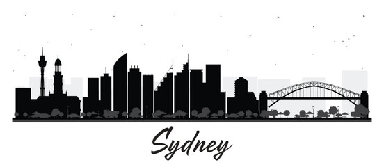 Obraz premium Sydney Australia City skyline black and white silhouette. Business travel and tourism concept with modern architecture. Sydney cityscape with landmarks.