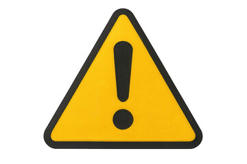 Warning triangle sign with black border, yellow surface highlighting exclamation mark against transparent backdrop, signaling potential danger