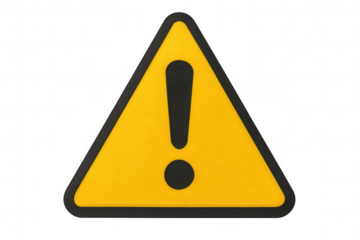 Warning triangle sign with black border, yellow surface highlighting exclamation mark against transparent backdrop, signaling potential danger