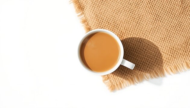 Overhead view of a white mug filled with coffee and milk on a burlap cloth drink beverage - Powered by Adobe
