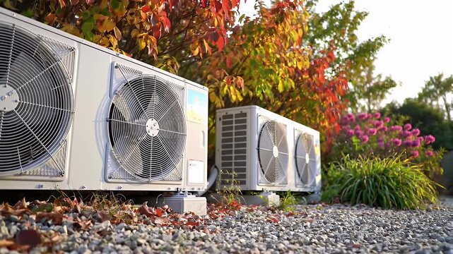 Row of Air Conditioning Units Amidst Colorful Autumn Foliage in Natural Light