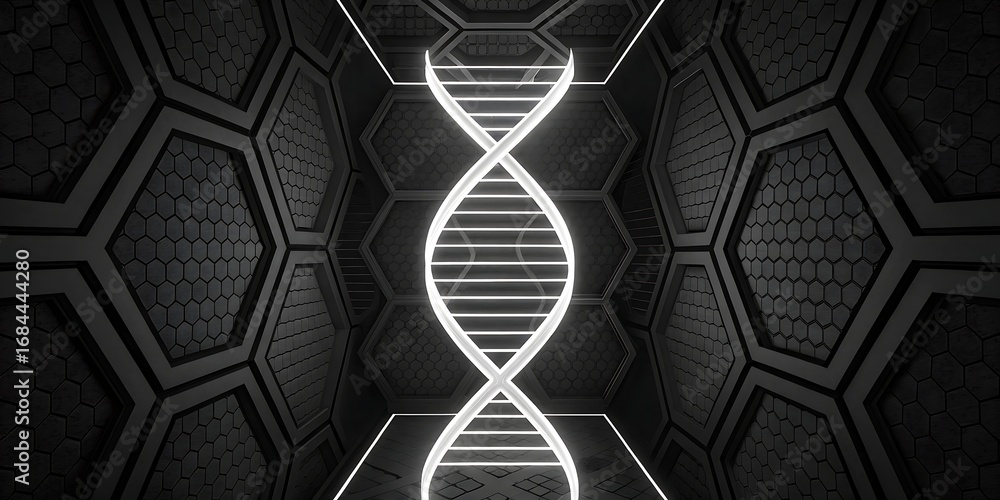 Poster abstract representation of a glowing dna double helix structure within a futuristic, hexagonal, dark
