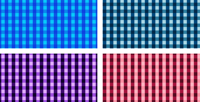 Four colorful gingham patterns in blue, teal, purple, and red create a vibrant and classic textile design