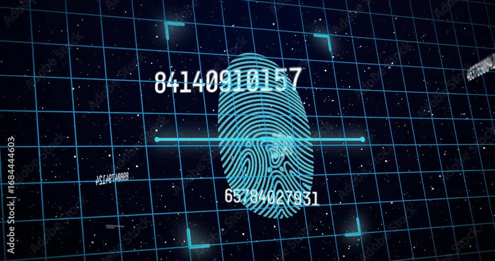 Poster animation of finger print and grid over dark background