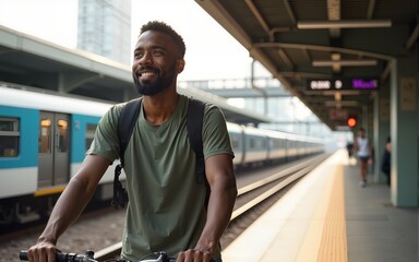 Young African American Man with Bike at Train Station - Smiling young man standing with bicycle at an urban train platform, enjoying a relaxed commute - sustainable mobility and eco-friendly transport