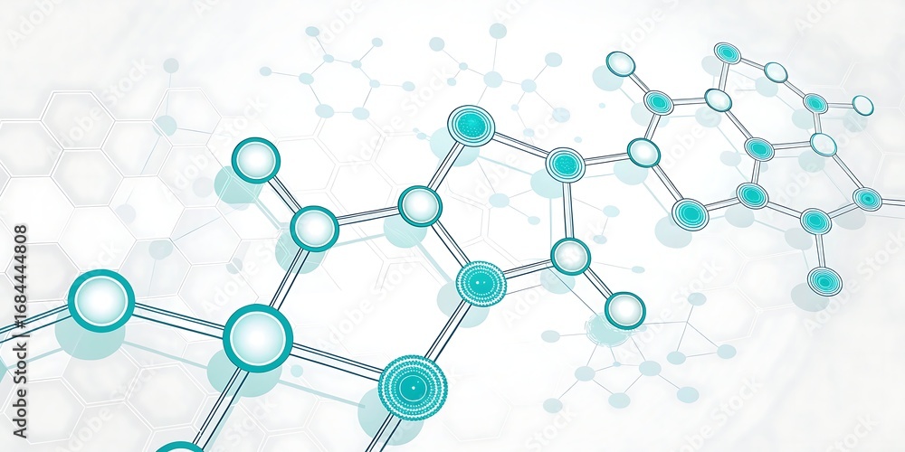 Poster abstract molecular structure with glowing nodes and connecting lines isolated on white background.