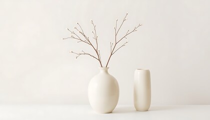 Two minimalist cream ceramic vases with delicate branches on a white surface image photo